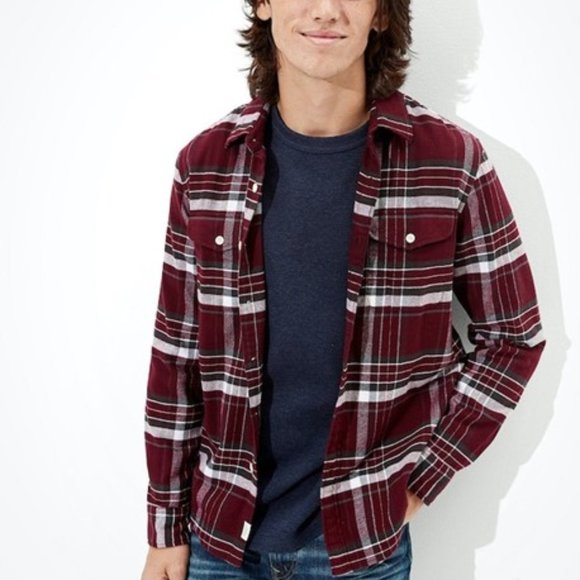 American Eagle Men's Super Soft Flannel Shirt Burgundy and Grey Plaid - Picture 1 of 8